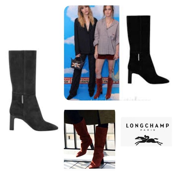 Longchamp -women’s Roseau Heeled boots Black suede leather Bamboo logo EU 38/7.5 - Picture 1 of 14